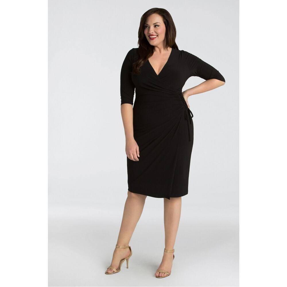 Kiyonna Black Dress Faux Wrap LBD 1X Vixen Style Laced on Side Slimming Packable